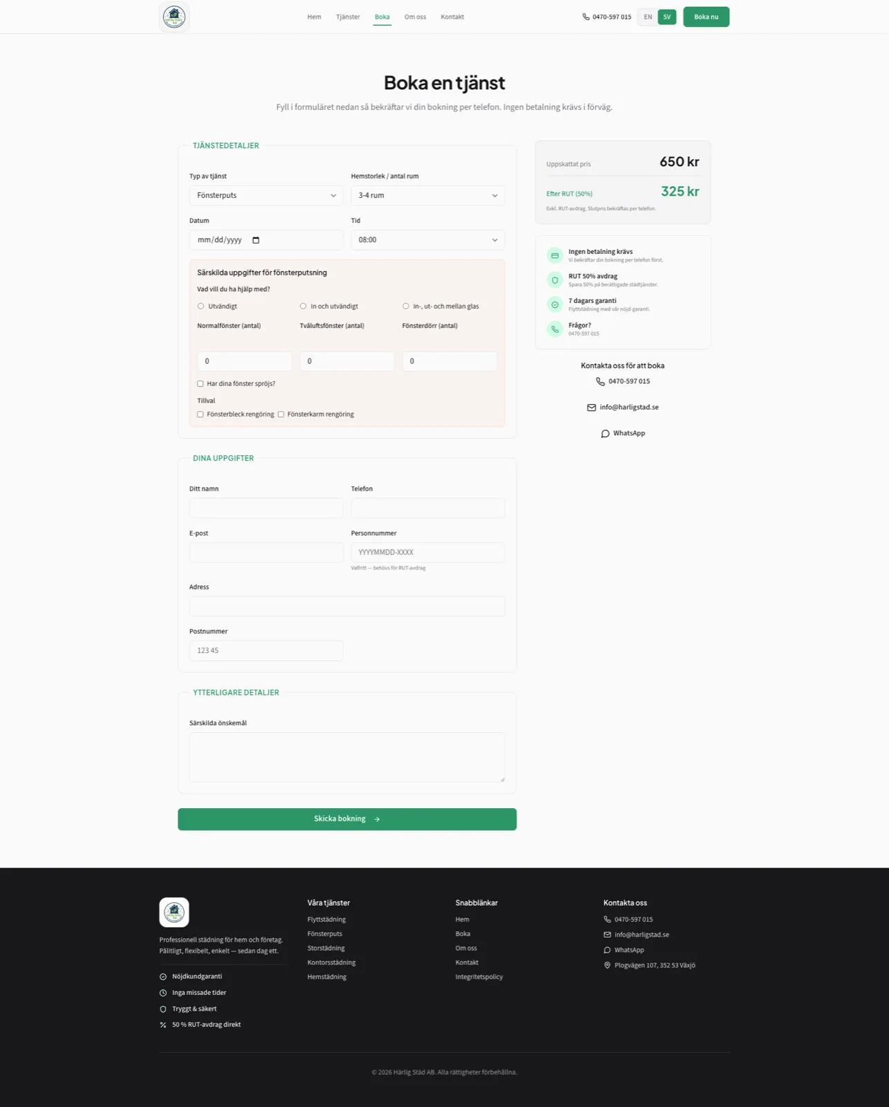 Härlig Städ booking form with service selection and RUT pricing